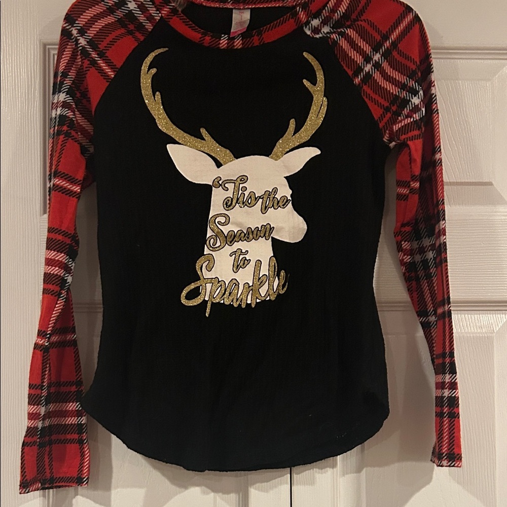 No Boundaries Red & Black Patterned Christmas Reindeer ‘tis the season Top